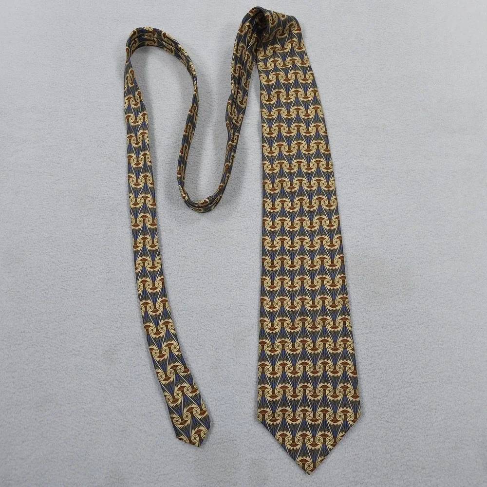 VINTAGE Burberrys Tie Mens Silk Blue Gold Geometric Pattern Egyptian 90s USA